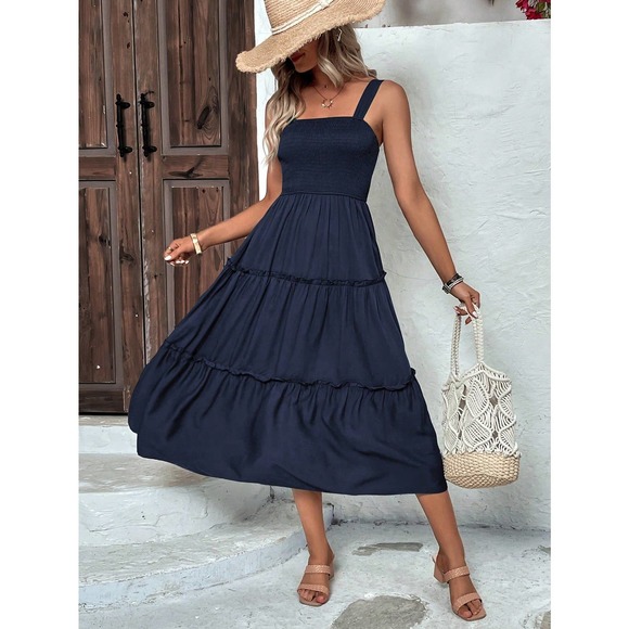 boho shirred bust Frill Trim tiered Cami midi Dress square neck navy - Picture 1 of 9